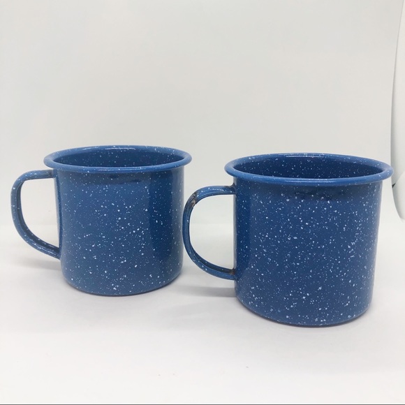 Vintage blue and white enamel mugs